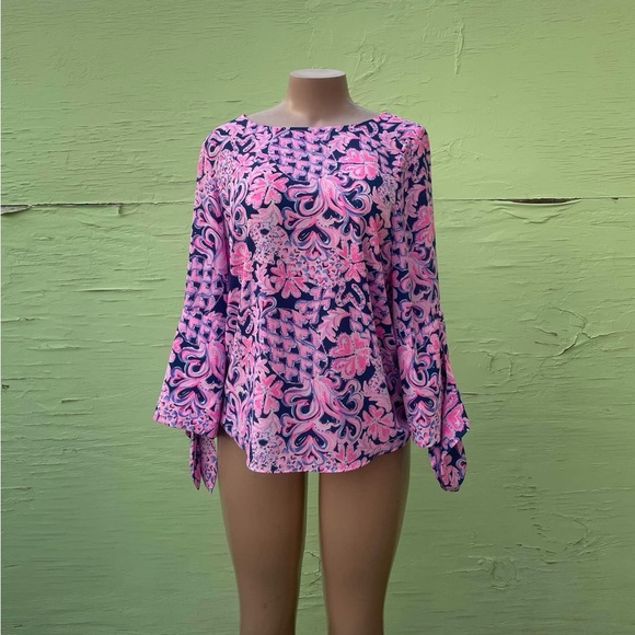 Lilly Pulitzer Pink and Blue Graphic Tie Front Blouse - Picture 2 of 6